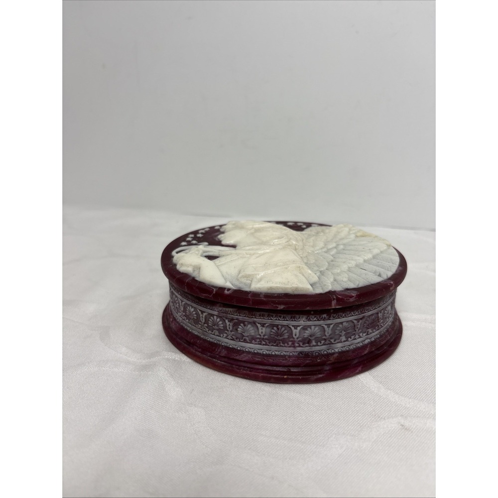 VTG Incolay Genuine Maroon Stone Angel Velvet Lined Jewelry Trinket Box 3D